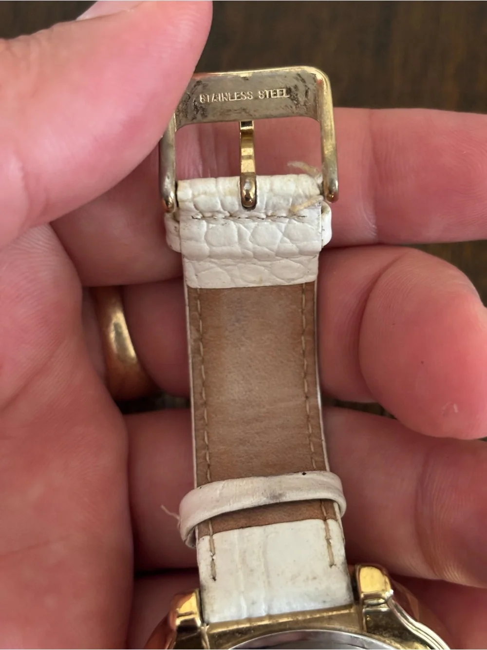 Anne Klein Gold and White Leather Strap Crystal Accent Watch